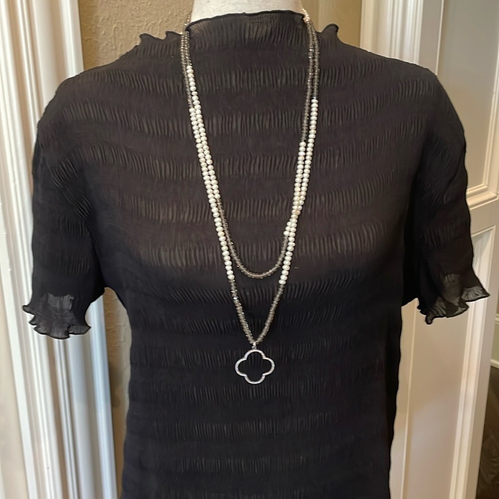 Fresh Water Pearl/Amber Crystal/ Rhinestone Quatrefoil Necklace